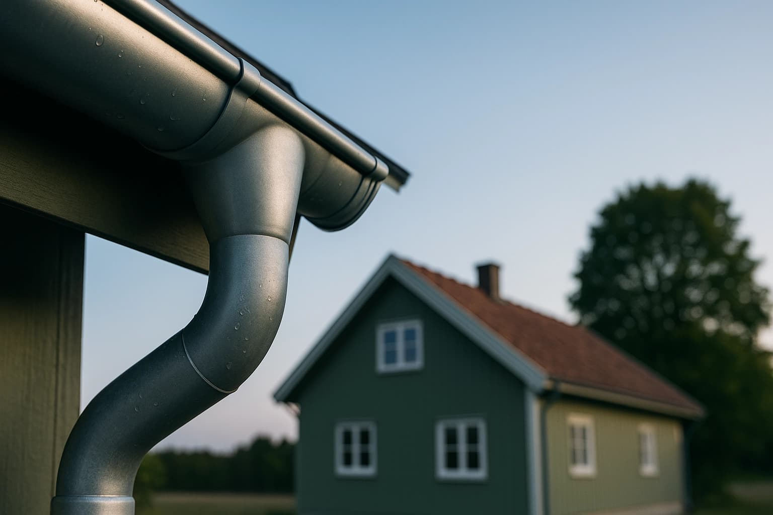 Mørk takrenne og nedløp i forgrunn med hus og tre i bakgrunn